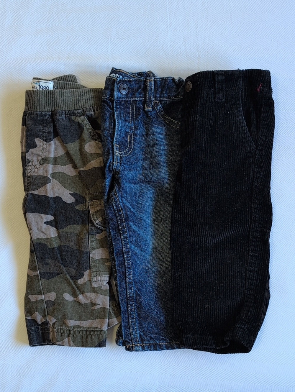 OSHKOSH & CARTER'S | 3pc Heavy Black Corduroy Denim & Camo Cargo Pants Set | 12M